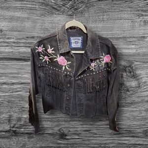 Upcycled JOURNEY themed Lee Black Denim Jacket with Pink Floral Embellished
